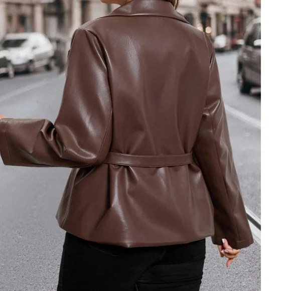 Plus Brown Vegan Leather Double Button Flared Jacket